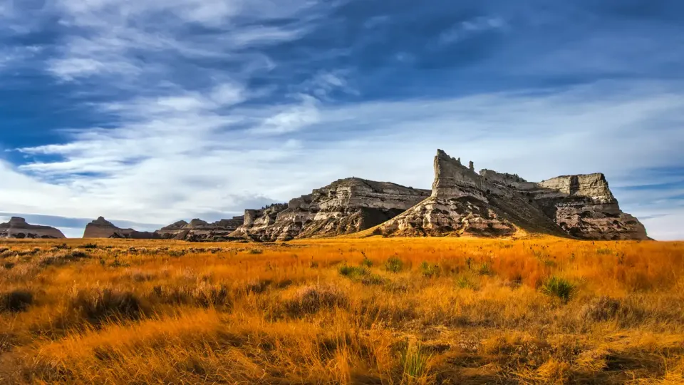 Nebraska grasslands and historic bluffs at sunset