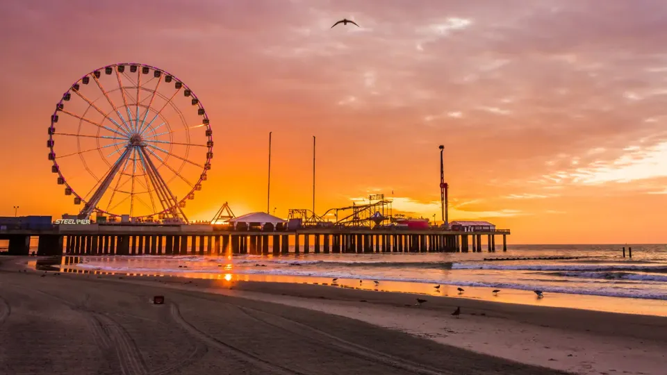 New Jersey pier and Ferris wheel at sunset