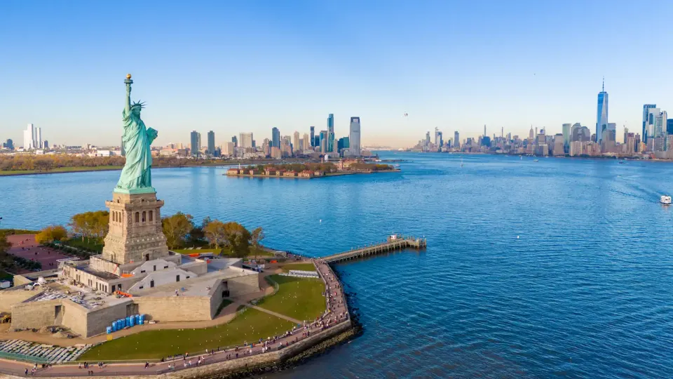 Ellis Island and the Statue of Liberty with New York City in the background