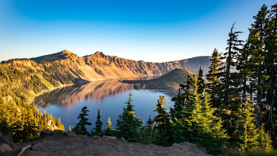 Oregon's Crater Lake with a volcanic island in the middle